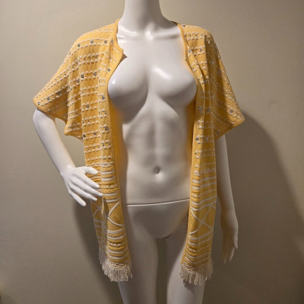 St John Sport Wool Blend Short Sleeved Open Cardigan Sweater Yellow White S